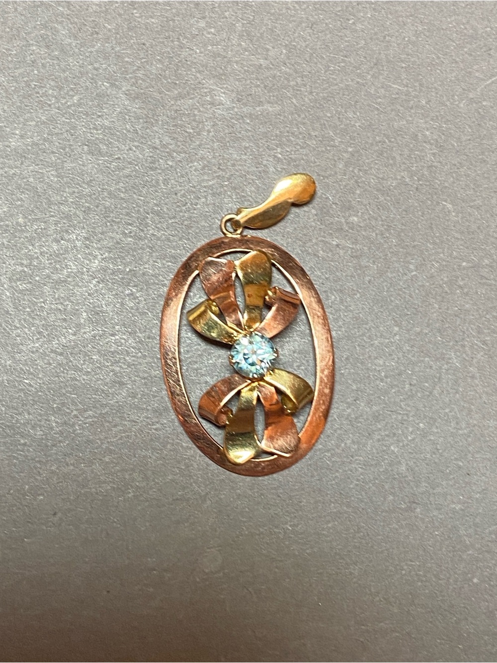 Vintage 10k rose and yellow gold blue stone ribbon bow pendant